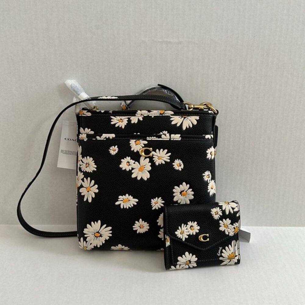 NWT Coach Black Floral Leather Crossbody Bag & Matching Wallet Purse Set